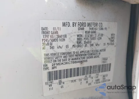 2011 Ford Edge Limited z USA, uszkodzony, nr VIN 2FMDK3KC7BBA64165